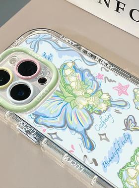 绿色花朵蝴蝶结适用苹果15/14/13pro手机壳iphone镜面泡芙12红米k70小米100荣耀P80/90iqoo华为mate60iqoos18