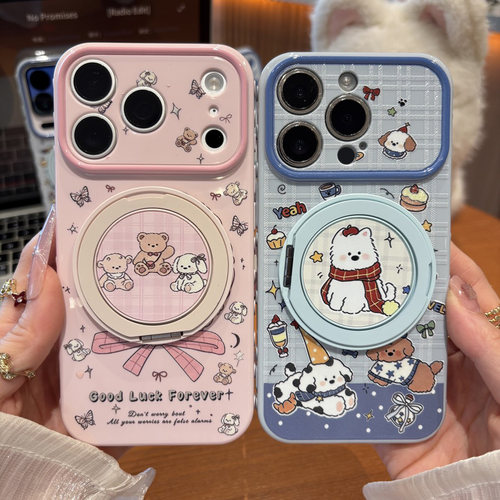 粉蝴蝶结熊旋转支架适用苹果17promax手机壳iPhone18pro16小米17华为mate80p80K90reno15note14x200nova13s60