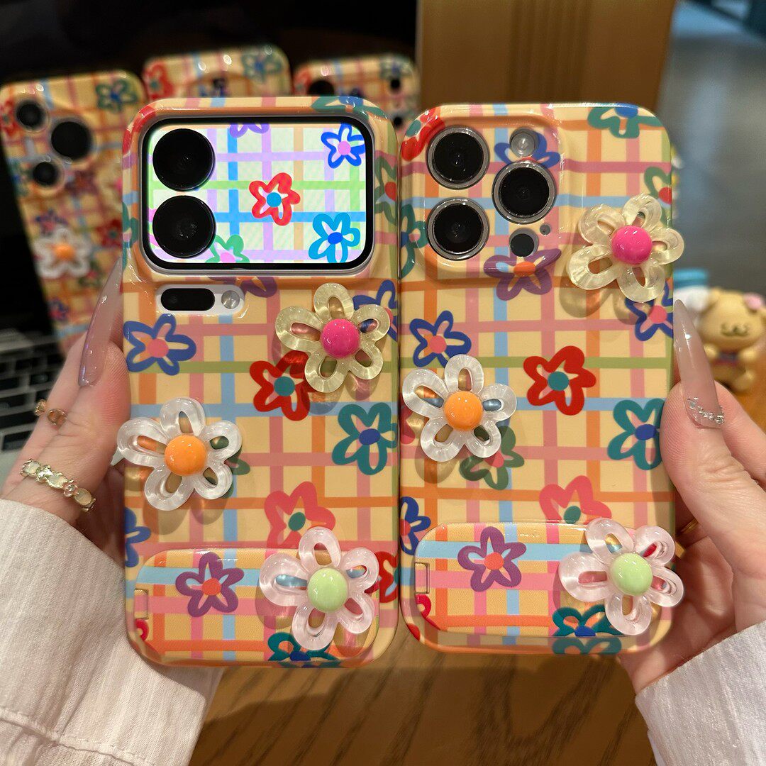 格纹花花支架新款适用苹果17Pro手机壳iPhone16max小米15华为mate80pura70k60nova14荣耀400x200iqoo13findx8
