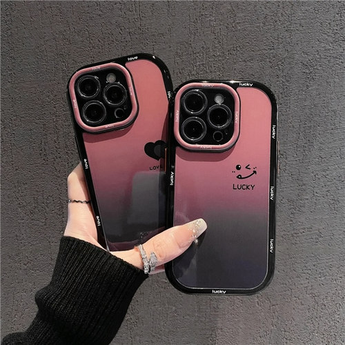 黑色爱心笑脸奶油壳适用苹果16Promax手机壳iPhone17Pro14小米15华为mate70红米k60荣耀x100nova13note12一加