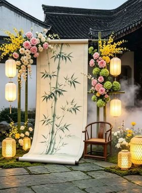 中式复古竹子卷轴美陈摆件景区
