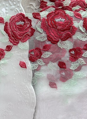 10A8红色牡丹花网纱刺绣蕾丝花边辅料裙边服装制衣头巾内衣diy