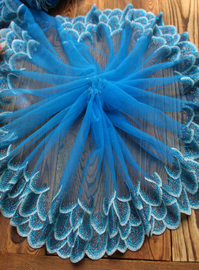 QB15外单蓝色孔雀羽网纱刺绣蕾丝花边辅料裙边娃衣家居辅料宽23cm