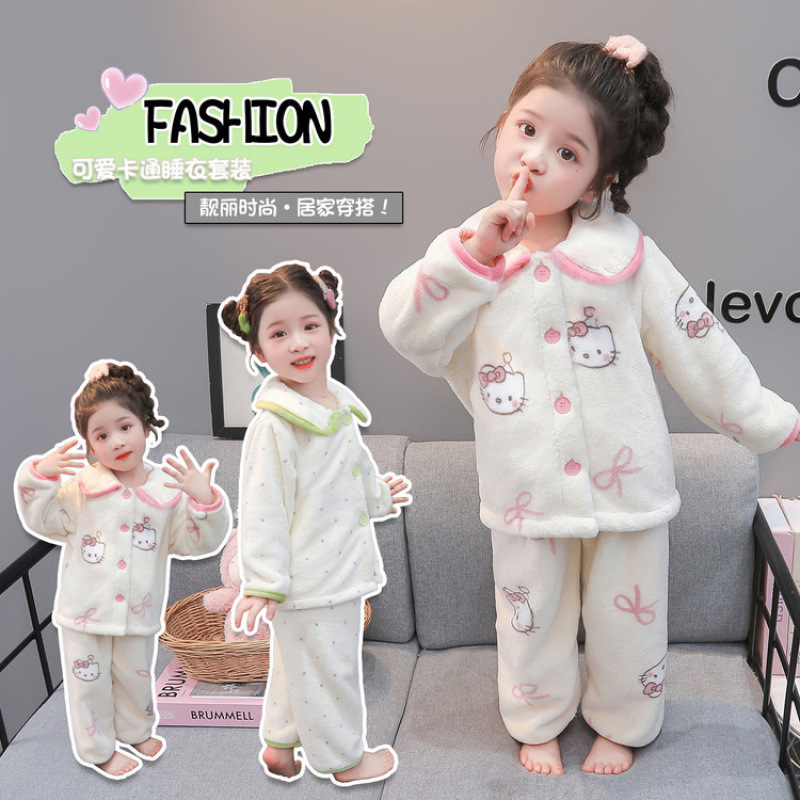 儿童珊瑚绒爱心猫咪睡衣套装
