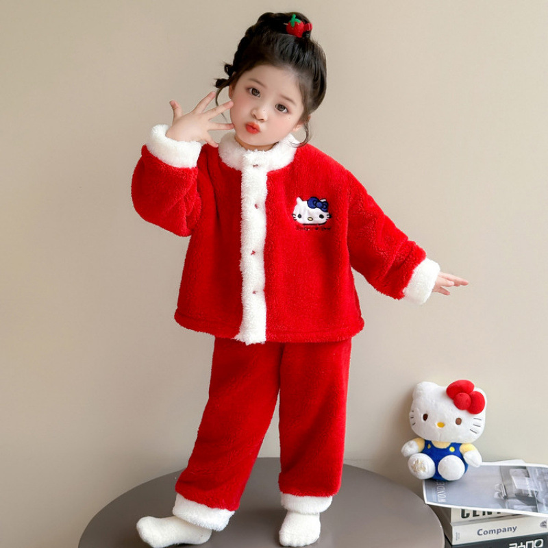 女童珊瑚绒睡衣宝宝秋冬季开衫套装女孩加厚法兰绒冬款儿童家居服