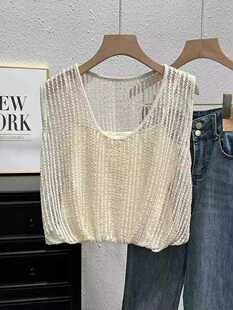 2024夏装新款坎肩无袖宽松显瘦高腰短款百搭蕾丝缕空背心假两件女