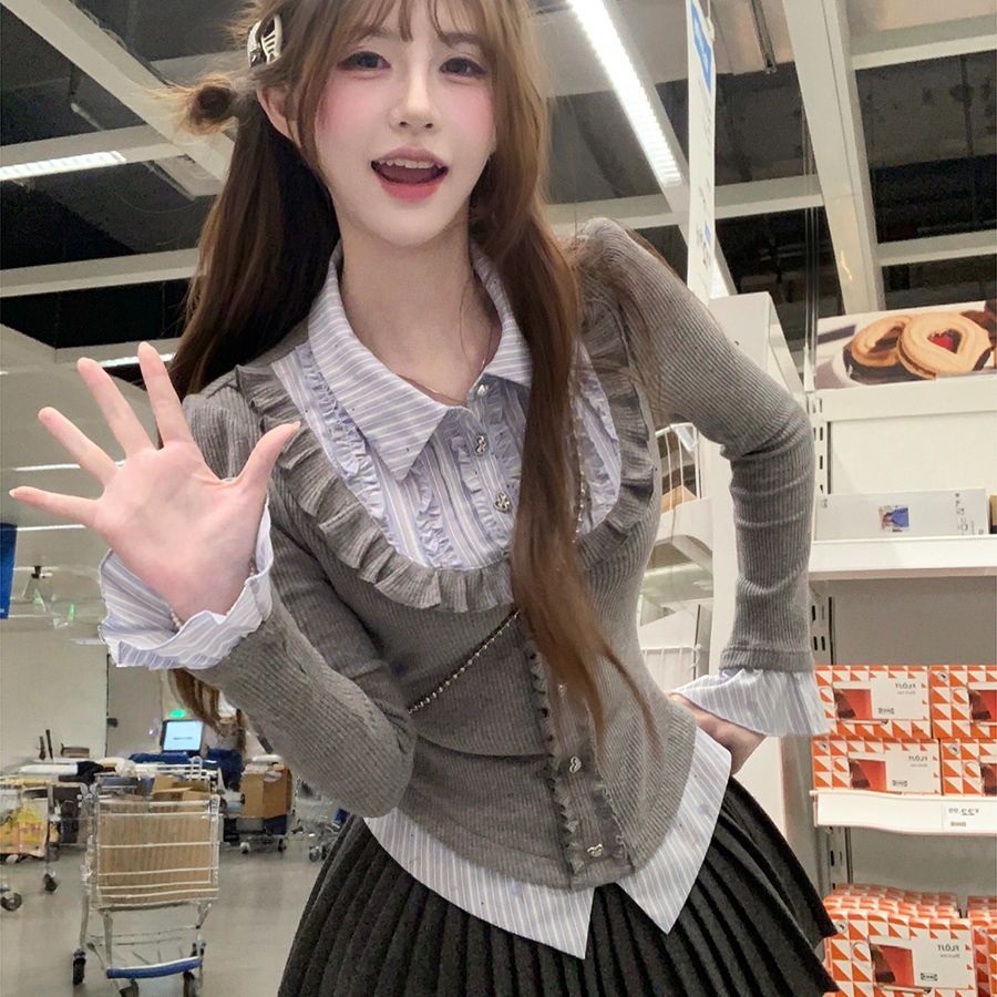 学院风蓝色衬衫拼接木耳边针织衫女秋冬季新款辣妹假两件上衣