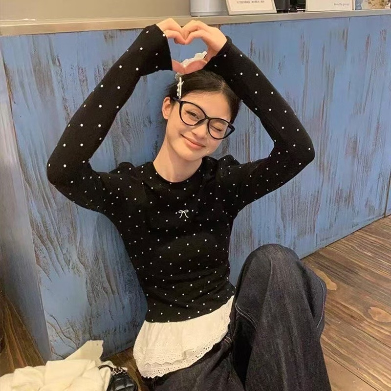 秋冬波点蕾丝内搭打底衫长袖t恤女新款上衣加薄绒磨毛长袖T恤