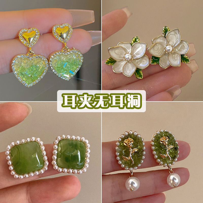 超显白~绿色花朵耳环女耳夹