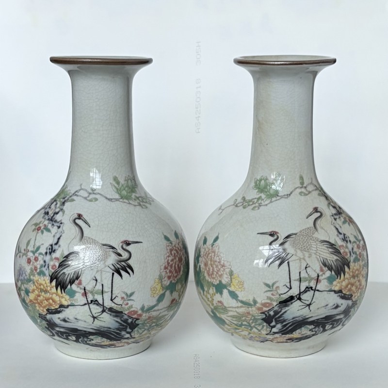 仿大清乾隆裂纹釉开片粉彩松鹤赏瓶 景德镇仿古瓷器摆件古玩收藏
