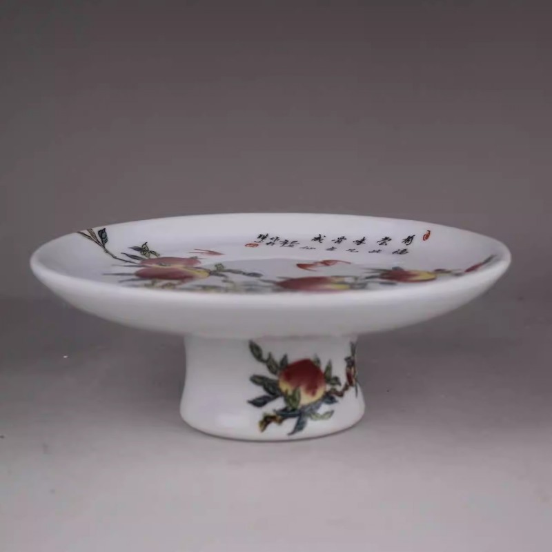 景德镇仿古陶瓷粉彩富贵长寿寿桃纹高脚果盘点心盘仿古瓷古玩摆件