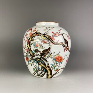 仿古玩仿清代光绪年制喜上眉梢白釉紫边坛茶叶罐家居装饰品收藏