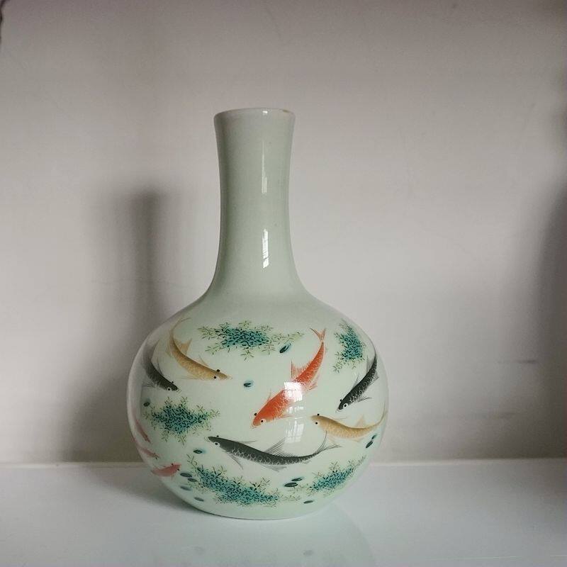 仿大清同治年制粉彩鱼藻纹小胆瓶 仿古瓷器摆件古玩老货收藏品