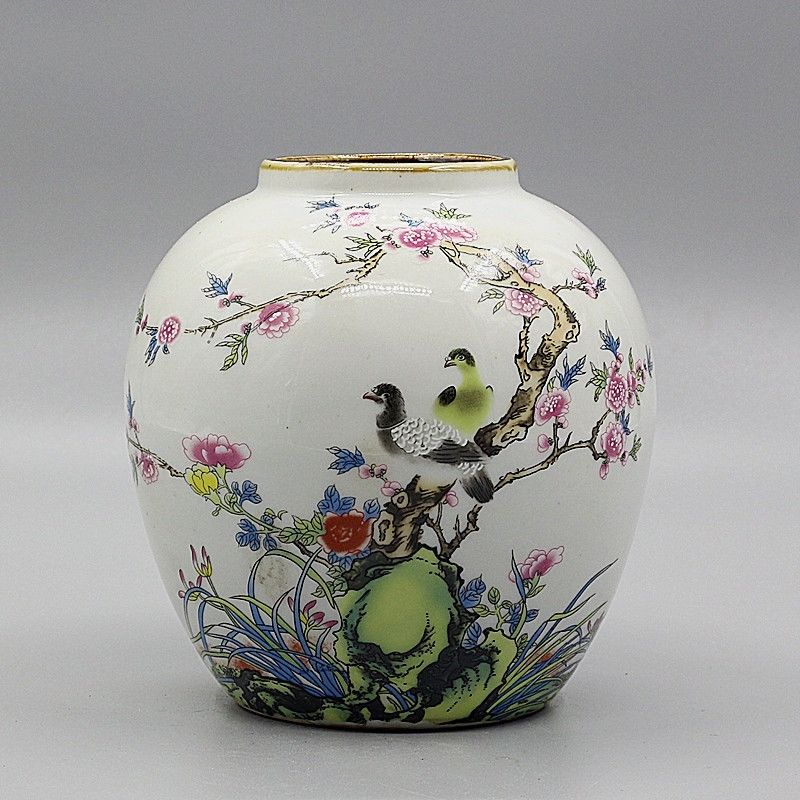 仿清光绪鸟语花香紫边坛仿古瓷器古玩收藏做旧老货家居装饰摆件