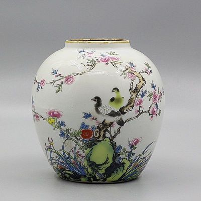 仿清光绪鸟语花香紫边坛仿古瓷器古玩收藏做旧老货家居装饰摆件