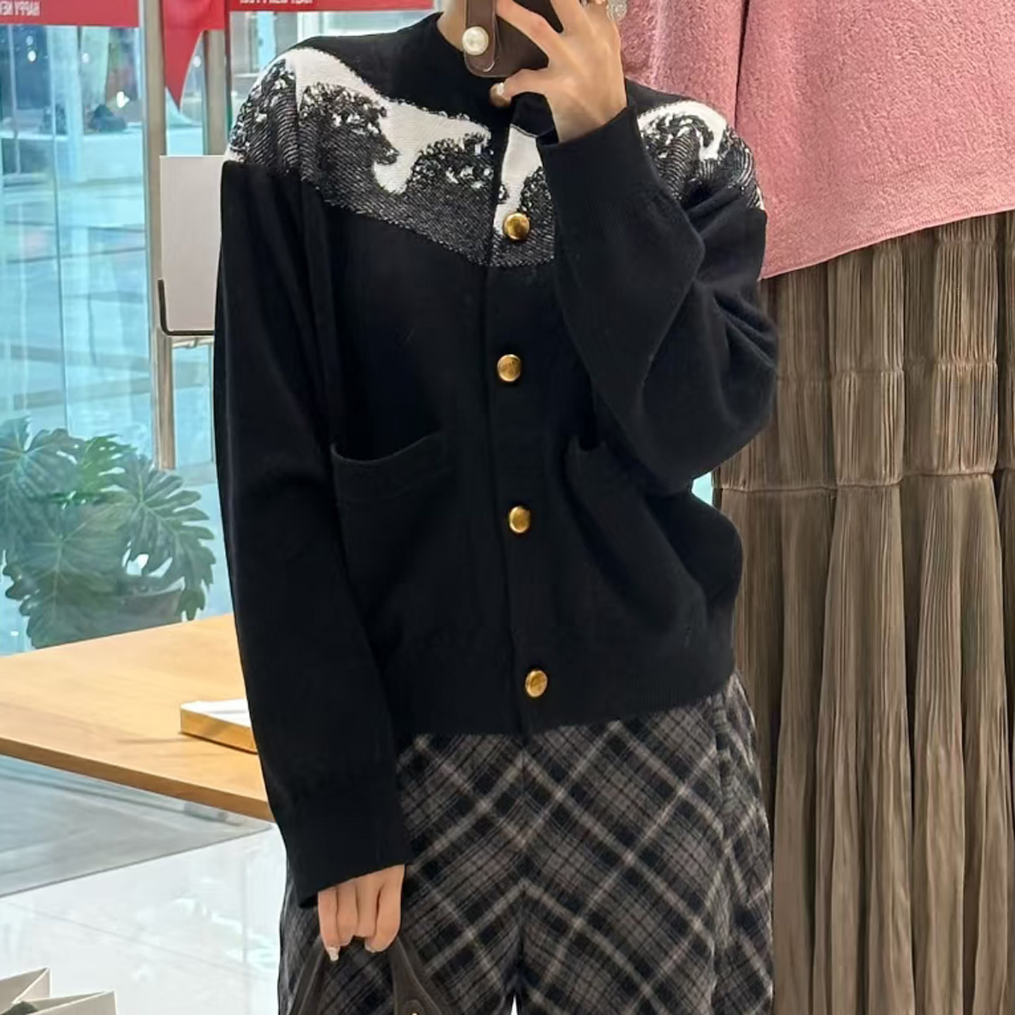 2026春新款复古百搭拼色提花圆领长袖针织开衫上衣女2K1YE03