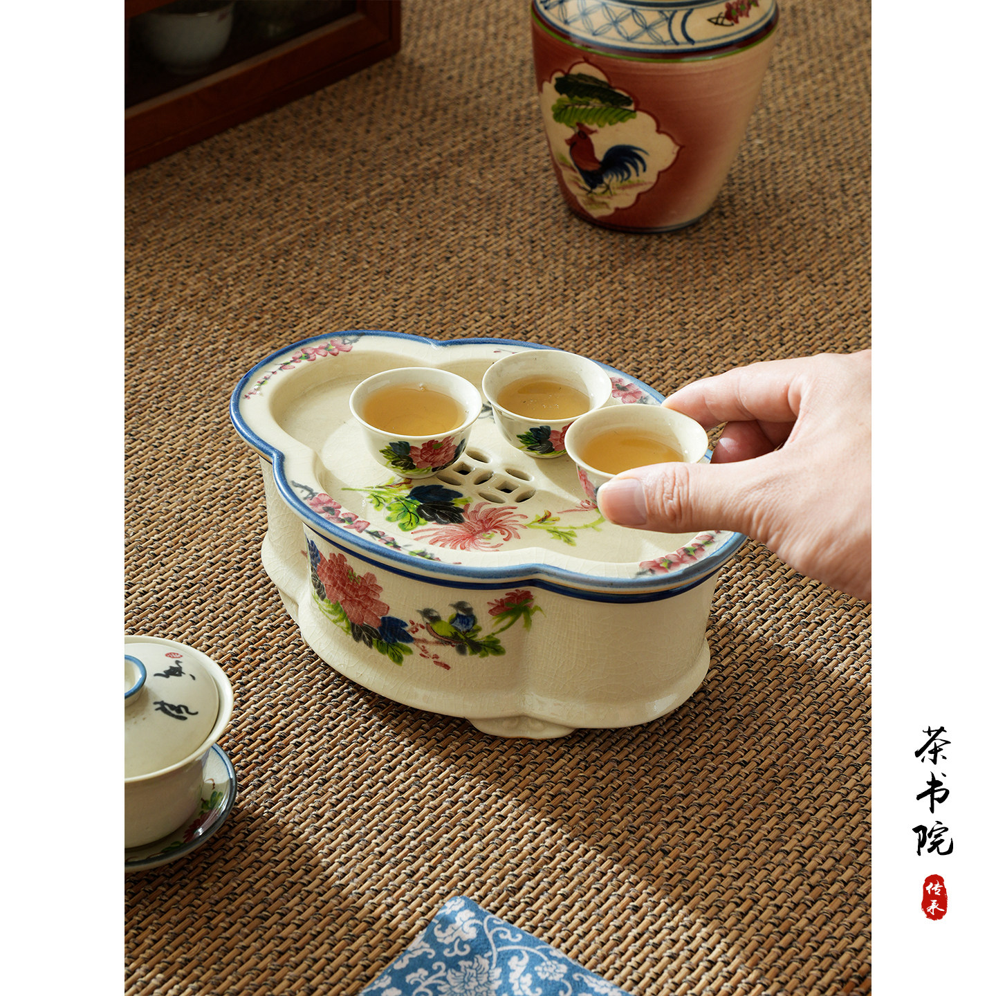 民国风潮州工夫茶具家用复古海棠形陶瓷茶盘手绘牡丹茶船礼盒套装