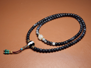 秋会长 新疆天然和田玉墨玉青花籽料佛珠108老型珠6x7mm链子