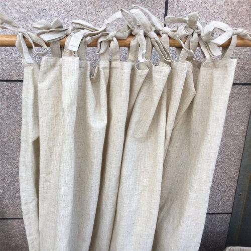 外贸成品窗帘短帘麻布系带纯色