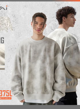 ETAI男装|美式复古扎染短宽圆领卫衣男重磅抓绒款做旧风定制卫衣