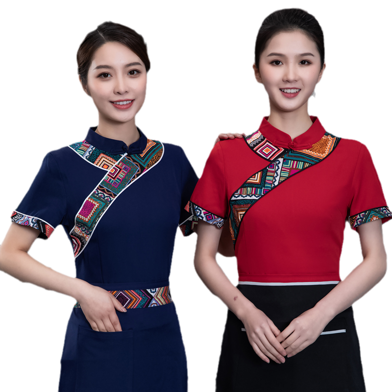 夏季新款服務(wù)員工作服短袖民族風(fēng)酒店飯店火鍋店餐飲前臺(tái)收銀工服