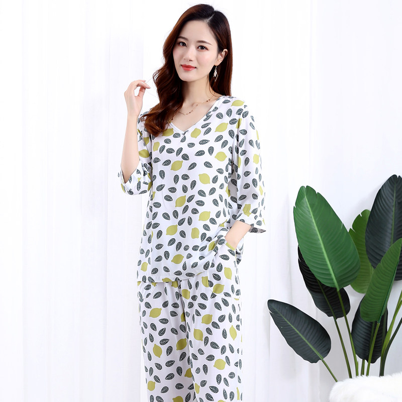 梅高尔绵绸七分中袖八分裤棉绸睡衣套装女夏妈妈人造棉休闲空调衫