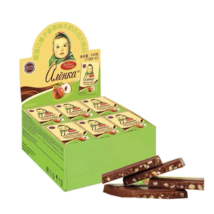 俄罗斯进口娃娃头黑巧爱莲巧牌迷你榛仁黑巧克力排块盒装15g*42块
