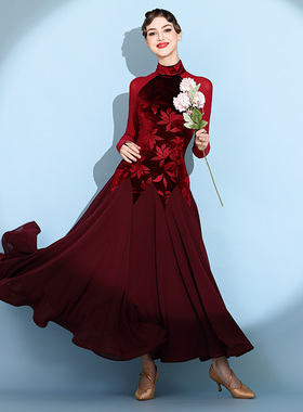 安妮的仙境！丝绒印花摩登舞裙连衣裙2124国标舞华尔兹交谊表演裙