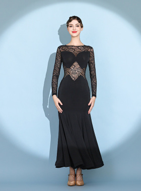 暗夜精灵! 摩登舞晚礼裙2121黑色蕾丝国标舞练功服华尔兹交谊舞服