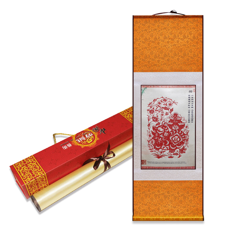 中国特色蔚县剪纸丝绸画轴家居装饰画十二生肖中英文出国外事礼品图片