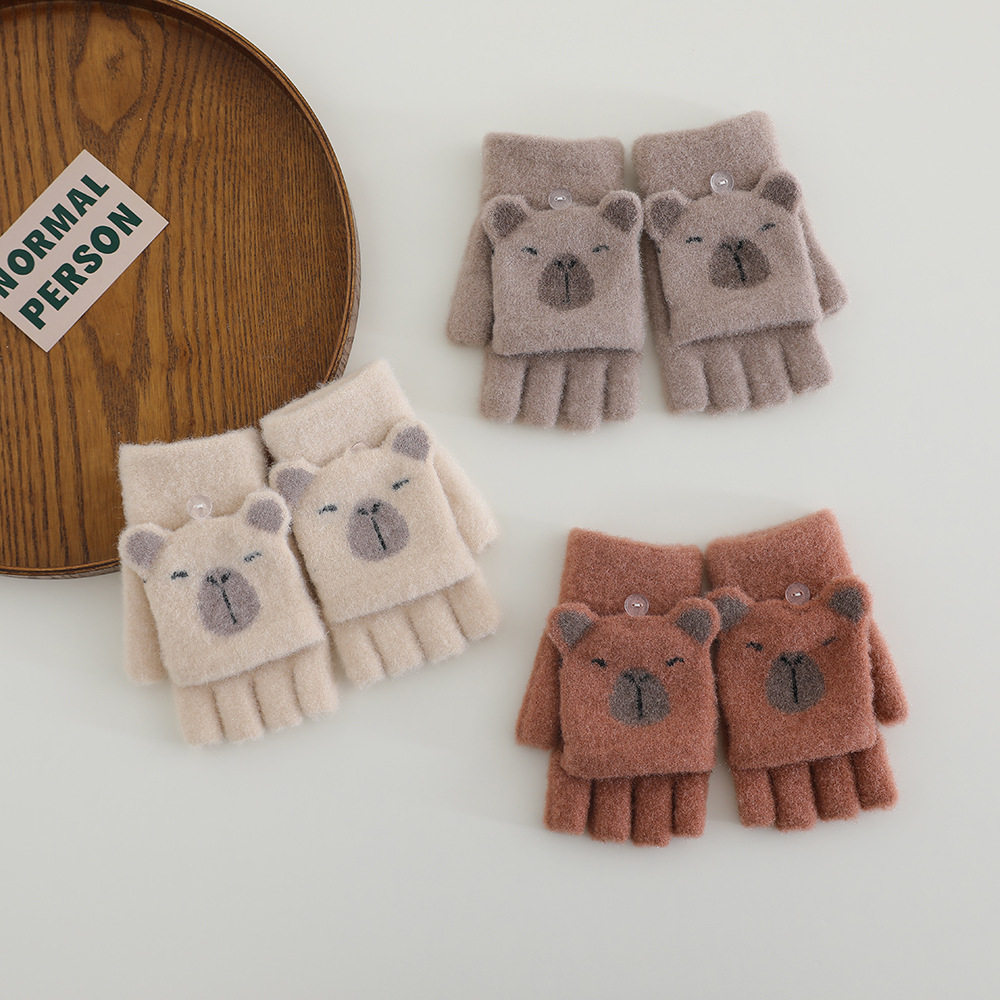 儿童手套冬季保暖加绒可爱卡通小熊男女宝宝防寒毛绒秋冬半指手套