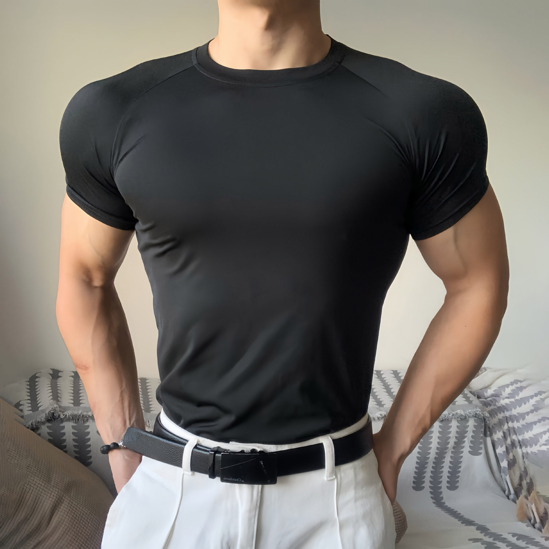张力三分短袖伏黑甚尔同款运动收袖口健身紧身衣圆领T恤男士