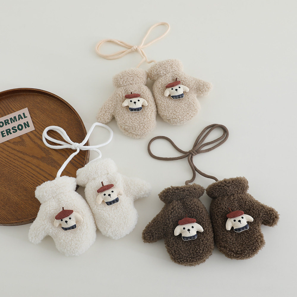 儿童手套冬季保暖加绒可爱画家小狗男女宝宝防寒毛绒秋冬全指手套