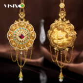 VISING珠宝培育合成红宝石宫廷风金色花丝镶嵌四时如意吊坠S925银