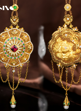 VISING珠宝培育合成红宝石宫廷风金色花丝镶嵌四时如意吊坠S925银