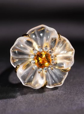 V姐推荐天然白水晶黄水晶山茶花花朵戒指黄金色设计款