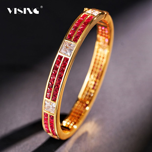 VISING珠宝培育红宝石【国检】无缝拼钻爆闪黄金色手镯贵妃镯S925
