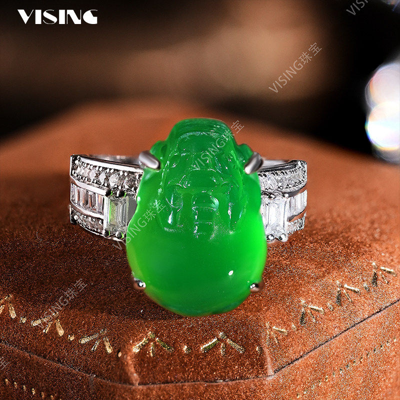 VISING珠宝马料绿玉髓玛瑙貔貅招财戒指手饰新中式国风媲美翡翠