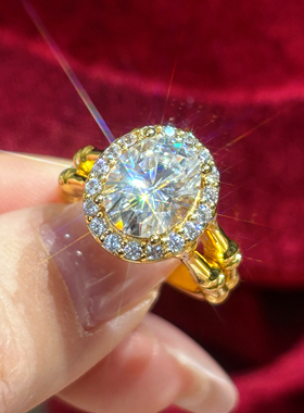 V姐推荐【节节高升】3克拉D色椭圆切割莫桑钻戒黄金色戒指S925银