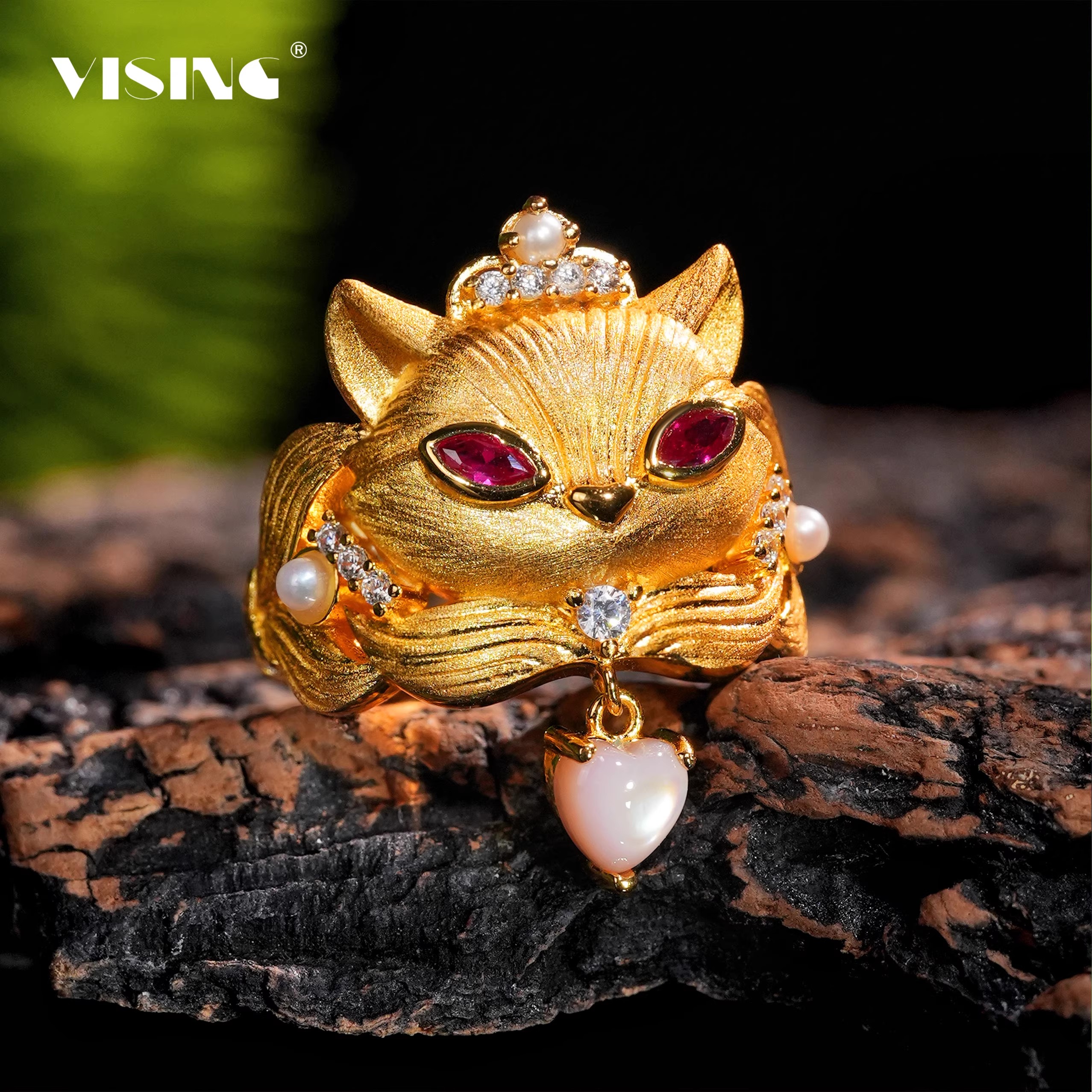 粉贝母小狐狸黄金色拉丝古法银工艺好人缘戒指指环