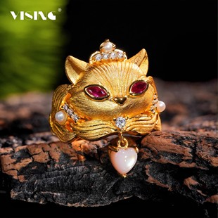 VISING珠宝粉贝母小狐狸黄金色拉丝古法银工艺好人缘戒指指环
