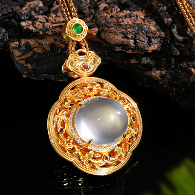 VISING珠宝天然水沫玉鸽子蛋吊坠项链毛衣链国风卷草纹设计S925