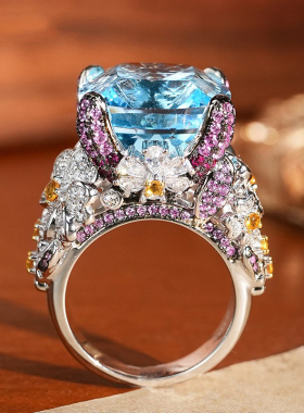 Molan20克拉花朵海蓝宝色托帕石圣玛利亚BB蓝大方戒指手饰