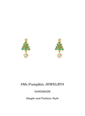 s999纯银绿色圣诞树耳钉足银满钻轻奢高级感耳坠耳夹女圣诞节礼物