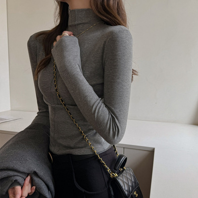 秋冬季半高领灰色高级设计感长袖打底衫女内搭正肩t恤可外穿上衣
