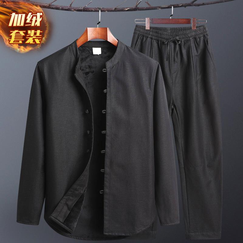 棉麻加绒套装加厚唐装套装