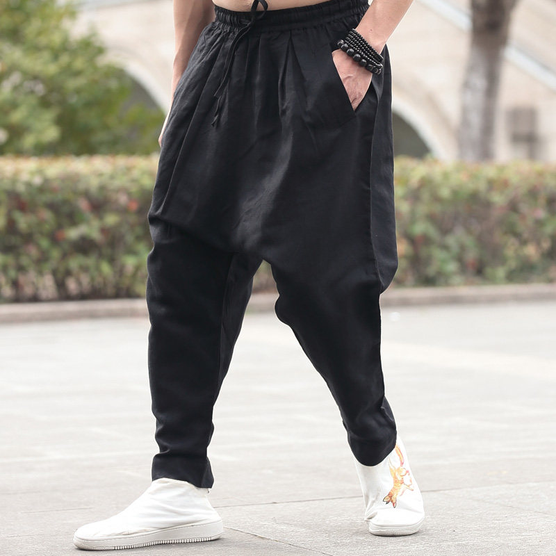 夏季亚麻薄款宽松男士吊裆裤阔腿裤潮流哈伦裤文艺棉麻松紧九分裤