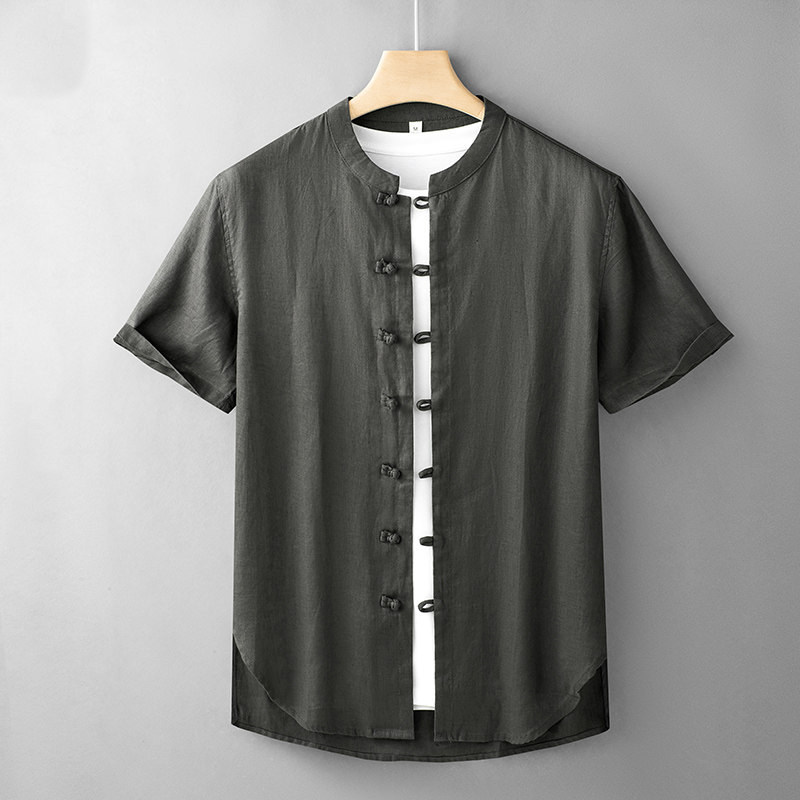 夏季亚麻男式休闲短袖衬衫中式青年潮流复古盘扣清凉薄款立领衬衣