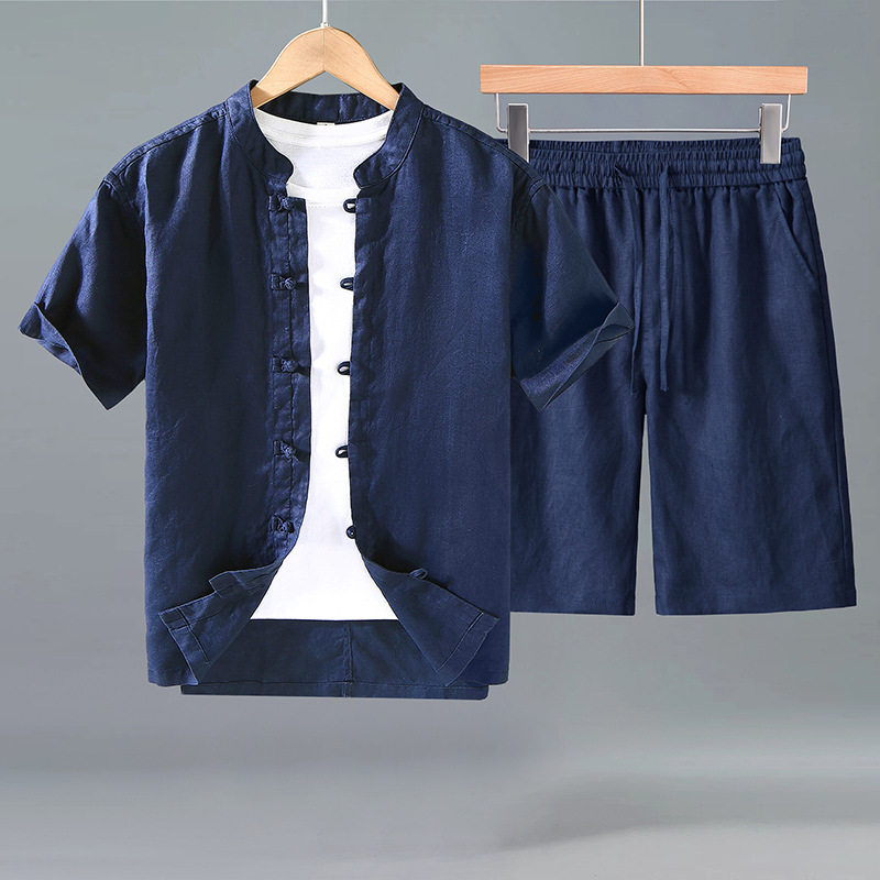 夏季男士中式唐装纯亚麻短袖衬衫套装宽松透气全麻休闲短裤两件套