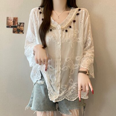 蕾丝提花V领长袖防晒衬衫